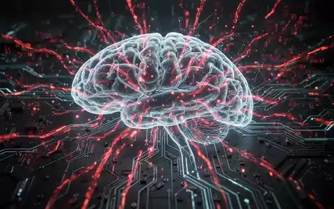 A glowing, intricate neural network with ominous red streams of data flowing through it, symbolizing a cyberattack on an AI system. - Foto: über boerse-global.de