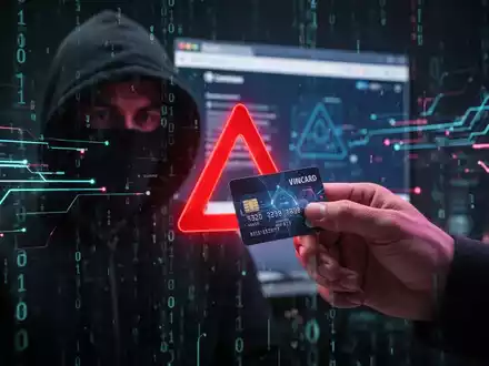 Eine menschliche Hand hält eine Kreditkarte vor einem digitalen Hintergrund mit binären Codes und Symbolen, die Cyberkriminalität darstellen. - Foto: über boerse-global.de
