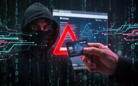 Eine menschliche Hand hält eine Kreditkarte vor einem digitalen Hintergrund mit binären Codes und Symbolen, die Cyberkriminalität darstellen. - Foto: über boerse-global.de