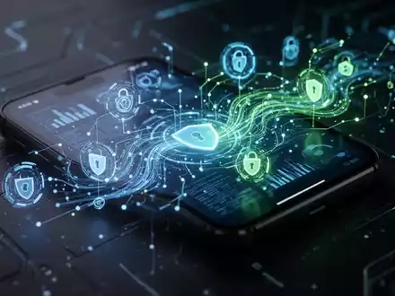 A stylized mobile phone screen displaying abstract data flow and security elements, glowing blue and green, against a dark background. - Foto: über boerse-global.de