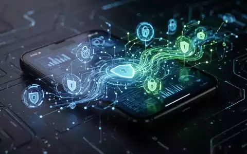 A stylized mobile phone screen displaying abstract data flow and security elements, glowing blue and green, against a dark background. - Foto: über boerse-global.de