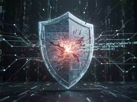 An abstract, glowing digital shield with cracks, surrounded by binary code and network lines, symbolizing a cybersecurity breach. - Foto: über boerse-global.de
