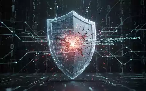 An abstract, glowing digital shield with cracks, surrounded by binary code and network lines, symbolizing a cybersecurity breach. - Foto: über boerse-global.de