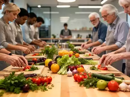 Eine Gruppe von Menschen bereitet in einem Kochkurs gesunde Mahlzeiten zu, umgeben von frischem Obst und Gemüse. - Foto: über boerse-global.de