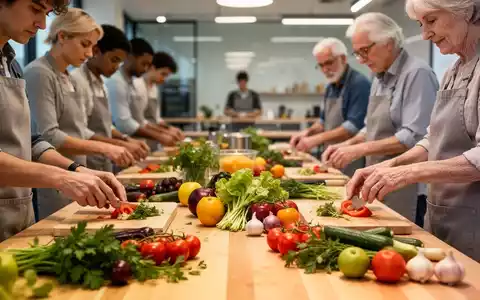 Eine Gruppe von Menschen bereitet in einem Kochkurs gesunde Mahlzeiten zu, umgeben von frischem Obst und Gemüse. - Foto: über boerse-global.de