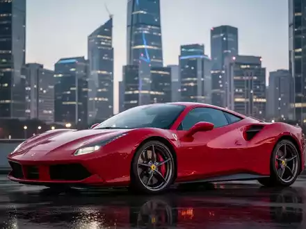 Ein roter Ferrari Sportwagen vor einer verschwommenen Skyline eines Finanzviertels bei Sonnenuntergang. - Foto: über boerse-global.de