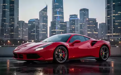 Ein roter Ferrari Sportwagen vor einer verschwommenen Skyline eines Finanzviertels bei Sonnenuntergang. - Foto: über boerse-global.de