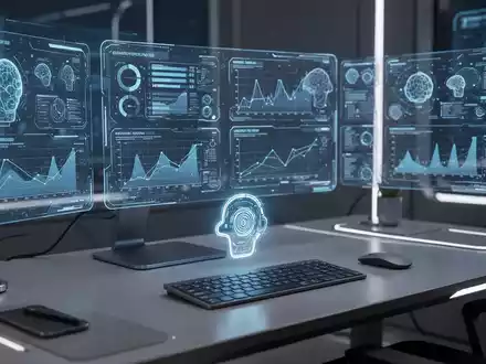 Eine futuristische Schreibtischumgebung mit holographischen Bildschirmen, die Daten und KI-Schnittstellen anzeigen. Ein schwebendes digitales Assistenten-Symbol. - Foto: über boerse-global.de