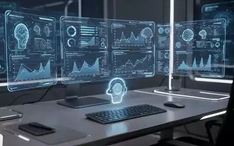 Eine futuristische Schreibtischumgebung mit holographischen Bildschirmen, die Daten und KI-Schnittstellen anzeigen. Ein schwebendes digitales Assistenten-Symbol. - Foto: über boerse-global.de