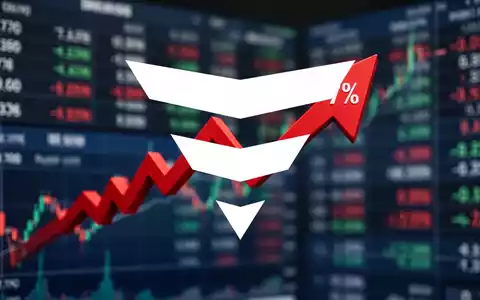 Eine rote, nach unten gerichtete Pfeilgrafik vor verschwommenen Finanzbildschirmen, die einen 7-prozentigen Rückgang nach einer Rally symbolisiert. - Foto: über boerse-global.de