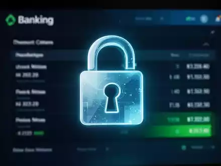 Ein stilisiertes digitales Vorhängeschloss-Symbol leuchtet auf einem Bildschirm mit einer unscharfen Banking-Schnittstelle im Hintergrund. - Foto: über boerse-global.de