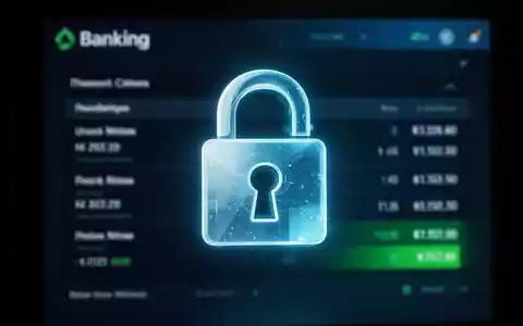 Ein stilisiertes digitales Vorhängeschloss-Symbol leuchtet auf einem Bildschirm mit einer unscharfen Banking-Schnittstelle im Hintergrund. - Foto: über boerse-global.de