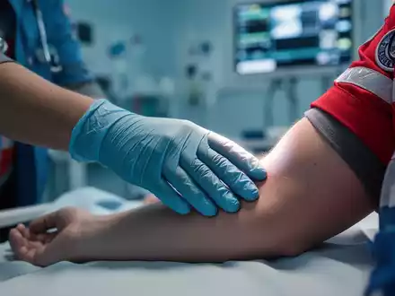 Eine behandschuhte Hand eines Sanitäters berührt beruhigend den Arm eines Patienten in einer professionellen, klinischen Umgebung. - Foto: über boerse-global.de