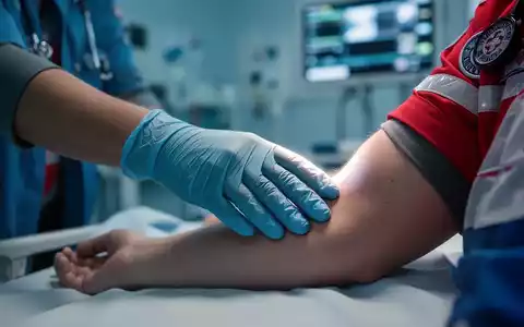 Eine behandschuhte Hand eines Sanitäters berührt beruhigend den Arm eines Patienten in einer professionellen, klinischen Umgebung. - Foto: über boerse-global.de