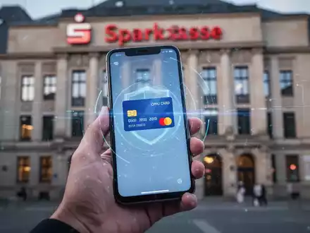 A hand holds a smartphone showing a banking app with a credit card icon, with a blurred Sparkasse building in the background. - Foto: über boerse-global.de