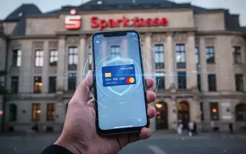 A hand holds a smartphone showing a banking app with a credit card icon, with a blurred Sparkasse building in the background. - Foto: über boerse-global.de
