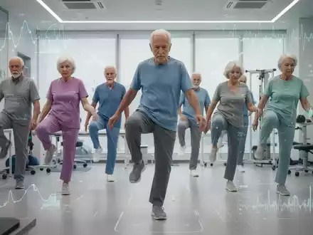 Ältere Personen führen in einem modernen Raum Gleichgewichtsübungen und Fitness-Tests auf einem Bein durch. - Foto: über boerse-global.de