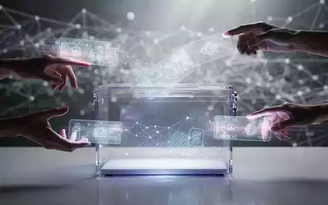 Eine futuristische, leuchtende digitale Wahlurne mit mehreren holographischen Händen, die Stimmen abgeben, vor einem Hintergrund von Blockchain-Knoten. - Foto: über boerse-global.de