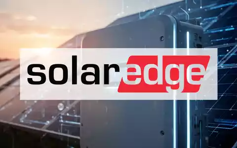 Nahaufnahme eines modernen Solarwechselrichters mit einem subtilen Glanz vor einem verschwommenen Solarpanel-Feld bei Sonnenaufgang. - Foto: über boerse-global.de