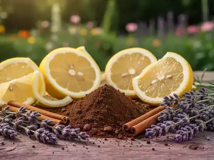 Nahaufnahme von natürlichen Schädlingsbekämpfungsmitteln wie Zitronenscheiben, Kaffeesatz und Lavendel auf Holz, mit Gartenhintergrund. - Foto: über boerse-global.de