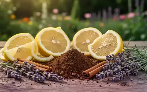 Nahaufnahme von natürlichen Schädlingsbekämpfungsmitteln wie Zitronenscheiben, Kaffeesatz und Lavendel auf Holz, mit Gartenhintergrund. - Foto: über boerse-global.de