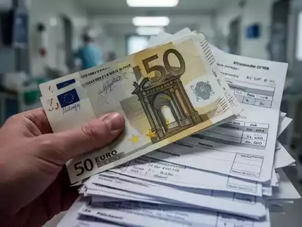 Eine Hand hält einen 50-Euro-Schein über einem Stapel medizinischer Rechnungen, der finanzielle Druck im Gesundheitswesen symbolisiert. - Foto: über boerse-global.de
