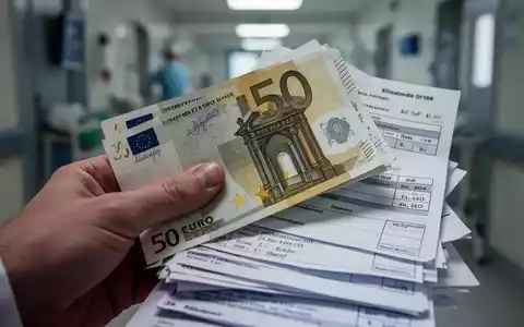 Eine Hand hält einen 50-Euro-Schein über einem Stapel medizinischer Rechnungen, der finanzielle Druck im Gesundheitswesen symbolisiert. - Foto: über boerse-global.de