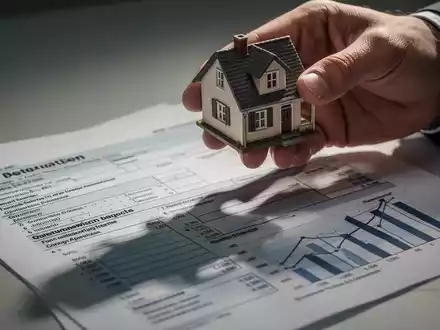 Eine Hand hält ein Miniaturhaus, das einen langen Schatten auf Steuerformulare und Finanzdokumente wirft. Symbolisiert Immobilienübertragung und Steuerplanung. - Foto: über boerse-global.de