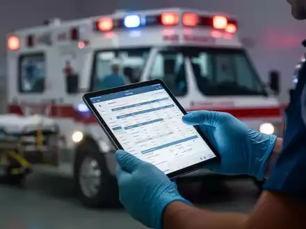 Nahaufnahme der Hand eines Sanitäters in blauem Handschuh, der ein Tablet mit Daten hält, im Hintergrund ein Krankenwagen. - Foto: über boerse-global.de