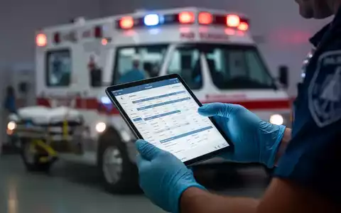 Nahaufnahme der Hand eines Sanitäters in blauem Handschuh, der ein Tablet mit Daten hält, im Hintergrund ein Krankenwagen. - Foto: über boerse-global.de