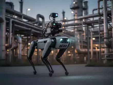 A quadruped robot equipped with gas detection sensors inspects an industrial facility at dusk, highlighting advanced autonomous inspection technology. - Foto: über boerse-global.de
