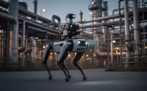 A quadruped robot equipped with gas detection sensors inspects an industrial facility at dusk, highlighting advanced autonomous inspection technology. - Foto: über boerse-global.de
