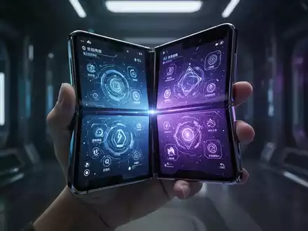 A sleek, futuristic foldable smartphone partially folded, displaying a glowing, dynamic user interface on its two screens. - Foto: über boerse-global.de