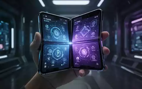 A sleek, futuristic foldable smartphone partially folded, displaying a glowing, dynamic user interface on its two screens. - Foto: über boerse-global.de