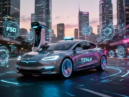 Sleek, futuristic Tesla robotaxi driving autonomously through a modern city at dusk, with digital interface elements overlaid. - Foto: über boerse-global.de