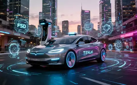 Sleek, futuristic Tesla robotaxi driving autonomously through a modern city at dusk, with digital interface elements overlaid. - Foto: über boerse-global.de