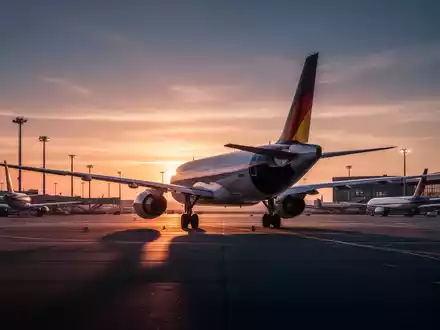 Flughafen-Vorfeld bei Sonnenuntergang mit Flugzeugen, die auf Start oder Landung warten, symbolisiert die deutsche Luftfahrtstrategie. - Foto: über boerse-global.de