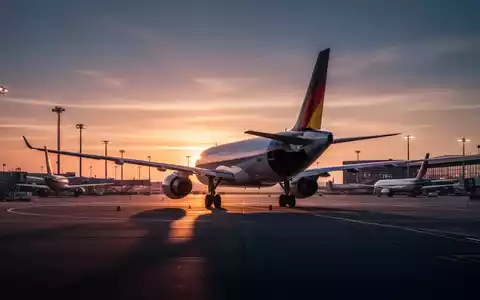Flughafen-Vorfeld bei Sonnenuntergang mit Flugzeugen, die auf Start oder Landung warten, symbolisiert die deutsche Luftfahrtstrategie. - Foto: über boerse-global.de