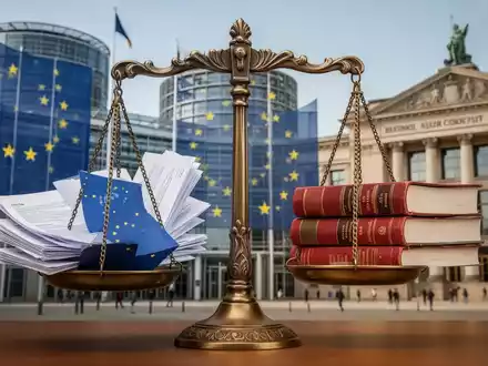 Waage der Gerechtigkeit, die EU-Gesetze und deutsche Rechtstexte abwägt, mit EuGH und BVerfG im Hintergrund. - Foto: über boerse-global.de