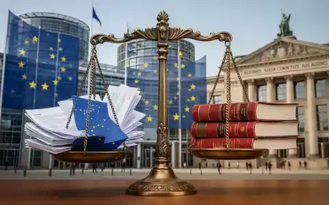 Waage der Gerechtigkeit, die EU-Gesetze und deutsche Rechtstexte abwägt, mit EuGH und BVerfG im Hintergrund. - Foto: über boerse-global.de