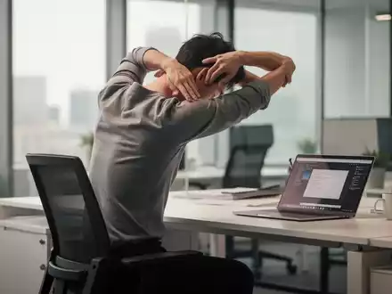 Eine Person dehnt Rücken und Nacken an einem Schreibtisch im Büro, um Schmerzen durch langes Sitzen vorzubeugen. - Foto: über boerse-global.de