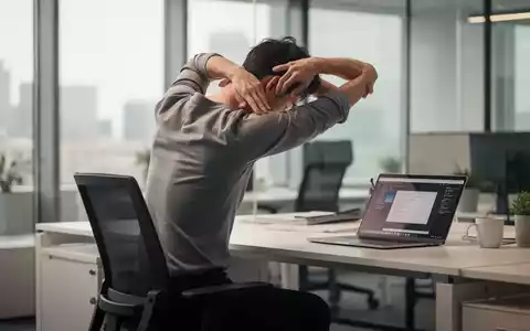 Eine Person dehnt Rücken und Nacken an einem Schreibtisch im Büro, um Schmerzen durch langes Sitzen vorzubeugen. - Foto: über boerse-global.de