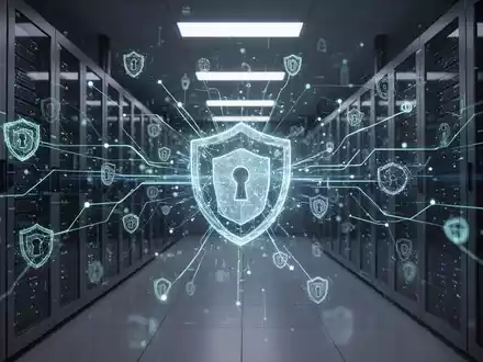 Ein stilisiertes, leuchtendes digitales Netzwerk überlagert einen modern beleuchteten Serverraum, der digitale Resilienz darstellt. - Foto: über boerse-global.de