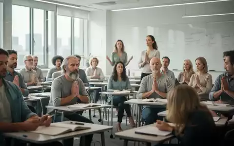 Eine Gruppe Erwachsener nimmt an einem Achtsamkeits- oder Stressbewältigungskurs in einem hellen, modernen Raum teil. - Foto: über boerse-global.de