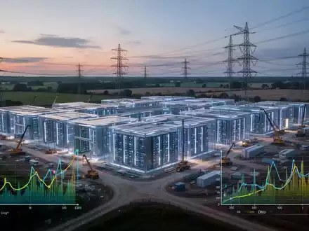 A vast, futuristic data center campus under construction in rural Ohio, with glowing server racks and high-voltage power lines. - Foto: über boerse-global.de