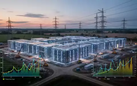 A vast, futuristic data center campus under construction in rural Ohio, with glowing server racks and high-voltage power lines. - Foto: über boerse-global.de