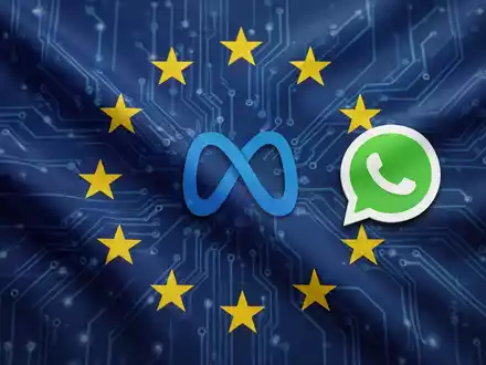 The EU flag with circuit board patterns, the Meta logo, and WhatsApp icon, symbolizing regulation of AI access. - Foto: über boerse-global.de