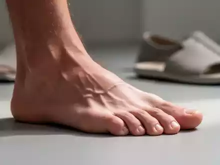 Nahaufnahme eines Fußes mit Hallux valgus, der die Deformation des Großzehengrundgelenks zeigt. Im Hintergrund angedeutete Barfußschuhe. - Foto: über boerse-global.de