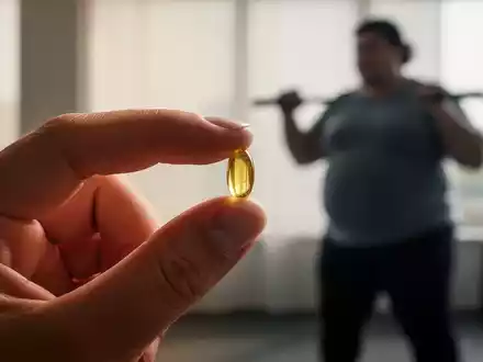 Eine Hand hält eine Vitamin-D-Pille, im Hintergrund schemenhaft eine übergewichtige Person beim Sport. - Foto: über boerse-global.de