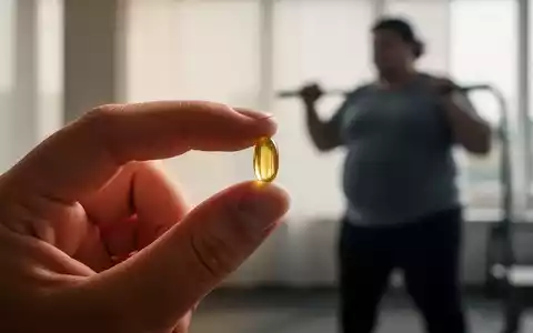 Eine Hand hält eine Vitamin-D-Pille, im Hintergrund schemenhaft eine übergewichtige Person beim Sport. - Foto: über boerse-global.de